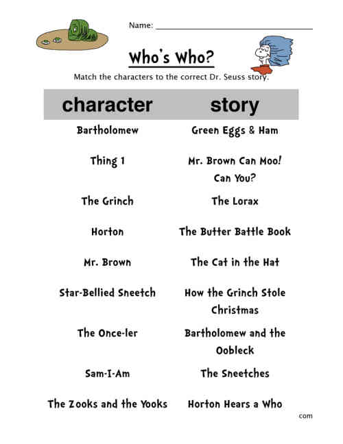 Dr. Seuss Characters Matching Worksheet by Teach Simple