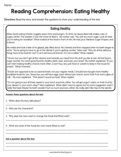Eat Healthy Reading Comprehension Worksheet by Teach Simple