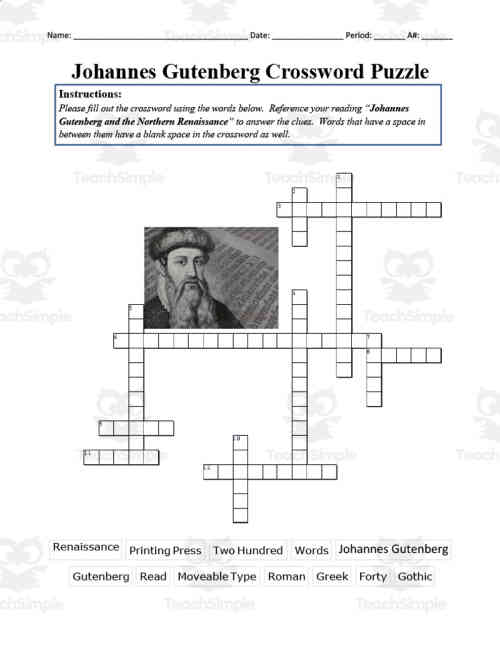 Johannes Gutenberg Crossword Puzzle by Teach Simple