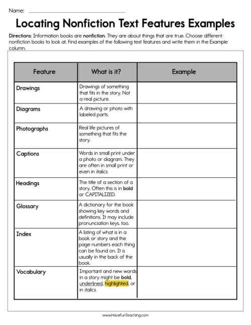 Locating Nonfiction Text Features Examples Worksheet by Teach ...