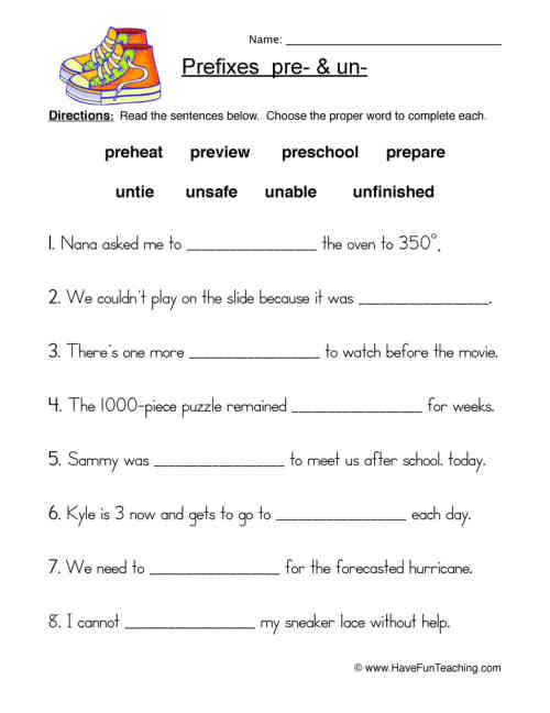 Pre- and Un- Prefixes Worksheet by Teach Simple