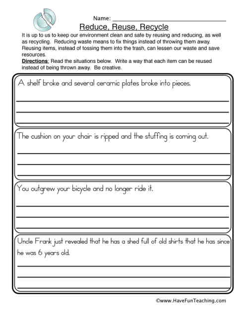 Reduce, Reuse, Recycle Scenarios Worksheet by Teach Simple