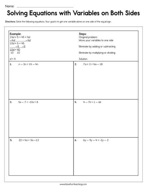 Solving Equations with Variables on Both Sides Worksheet by ...