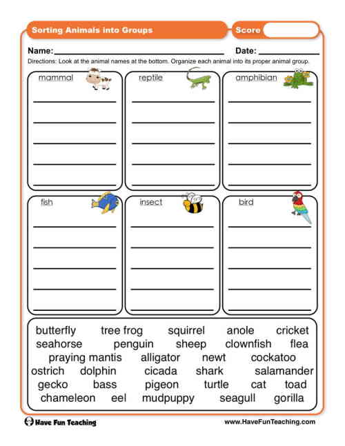 Sorting Animals into Groups Worksheet by Teach Simple