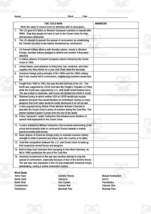 The Cold War Terms Worksheet by Teach Simple
