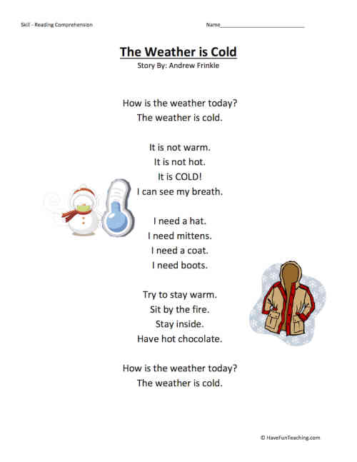 The Weather is Cold Reading Comprehension Worksheet by ...