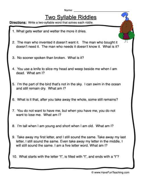 Two Syllable Riddles Worksheet by Teach Simple