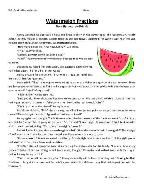Watermelon Fractions Reading Comprehension Worksheet by Teach ...