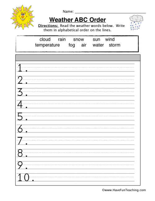 Weather Names Alphabetical Order Worksheet by Teach Simple
