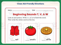 Beginning Sounds T V W Worksheet – 1st Grade Consonants Practice preview 4