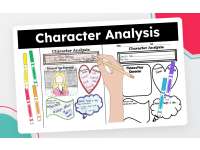 Character-analysis cover showing a completed example and blank organizers beside pencils.