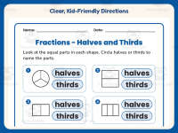 Coloring Halves Thirds Worksheet – 2nd Grade Fractions Practice preview 4