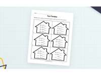 Six house-shaped groups of addition and subtraction equations with missing numbers.