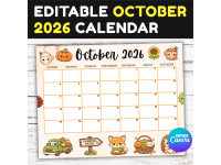 EDITABLE October 2026 2027 Calendar, Autumn Monthly School Calendar preview