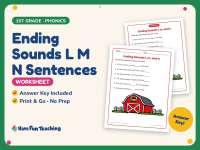 Ending Sounds L M N Sentences Worksheet – 1st Grade Consonants preview