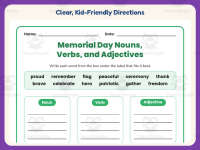 Memorial Day Nouns Verbs Adjectives Worksheet – 3rd Grade Grammar preview 4