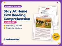 Stay At Home Cow Reading Comprehension Worksheet – 3rd Grade Animals preview