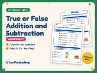 True or False Addition and Subtraction Worksheet – 1st Grade Math preview