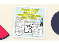 Vocabulary Graphic Organizers and Study Unit — Grades 6–8 resource preview on a decorative background.