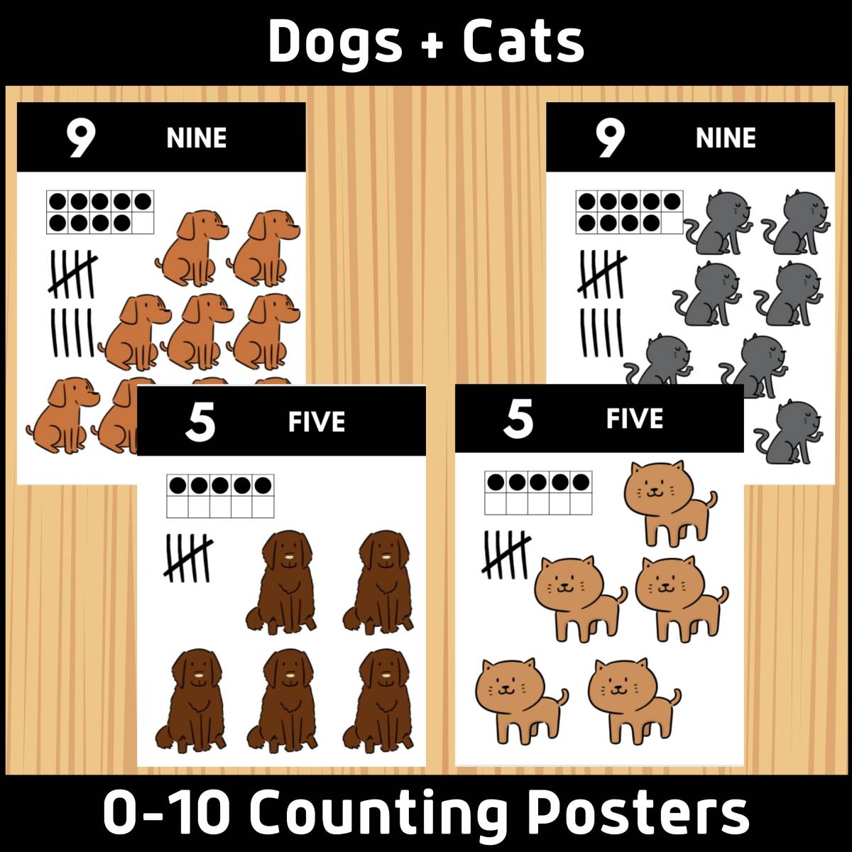An educational teaching resource from Classy Classroom VIP entitled 0-10 Cats and Dogs Number Posters (22 Pages) downloadable at Teach Simple.