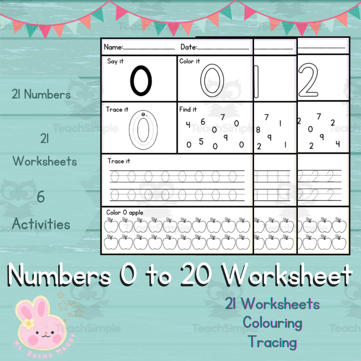An educational teaching resource from Ms.BasmaMagdy entitled 0 to 20 Numbers worksheets - Practice with 6 Activities on each number downloadable at Teach Simple.