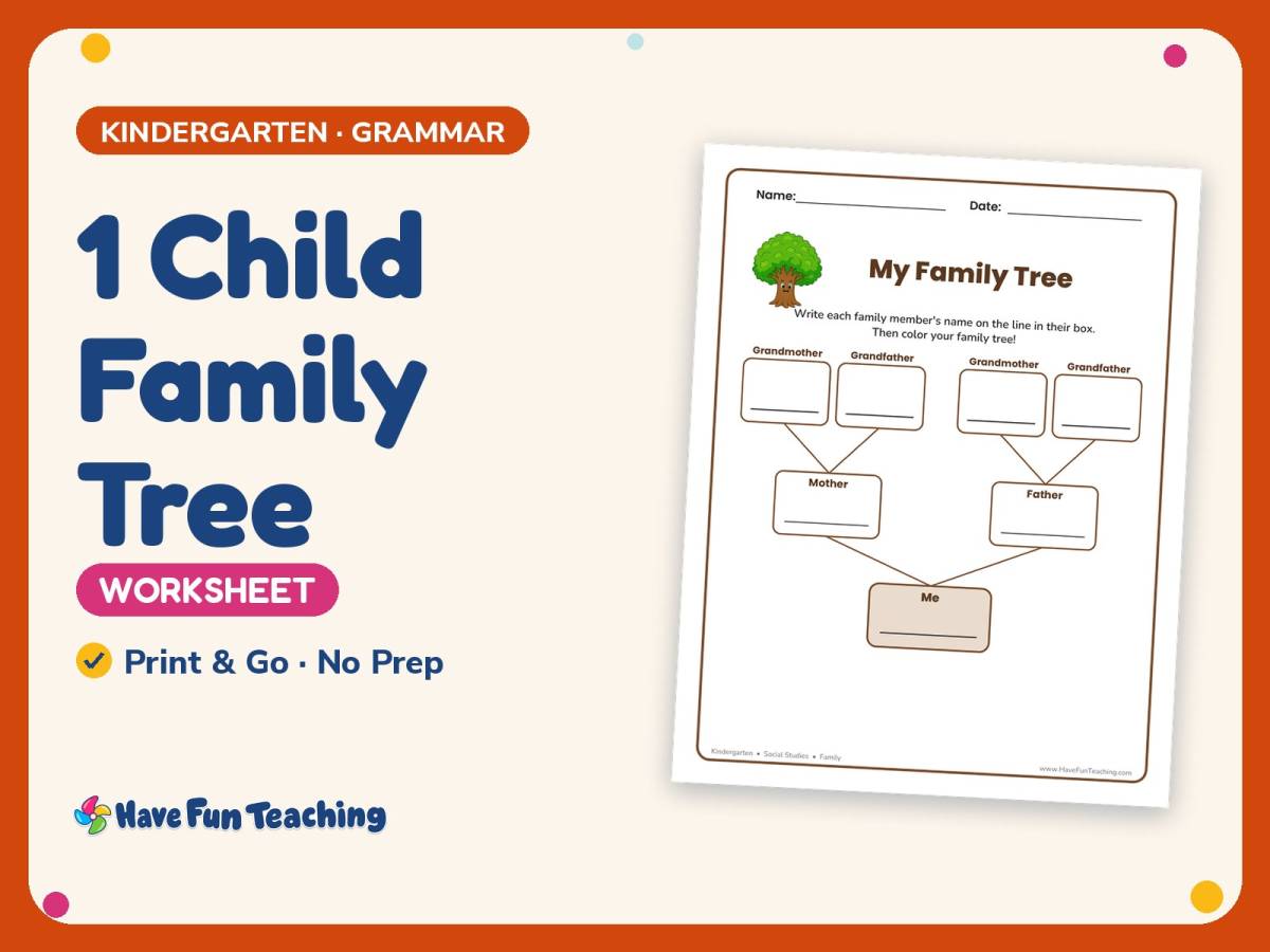 1 Child Family Tree Worksheet – Kindergarten Grammar Practice preview