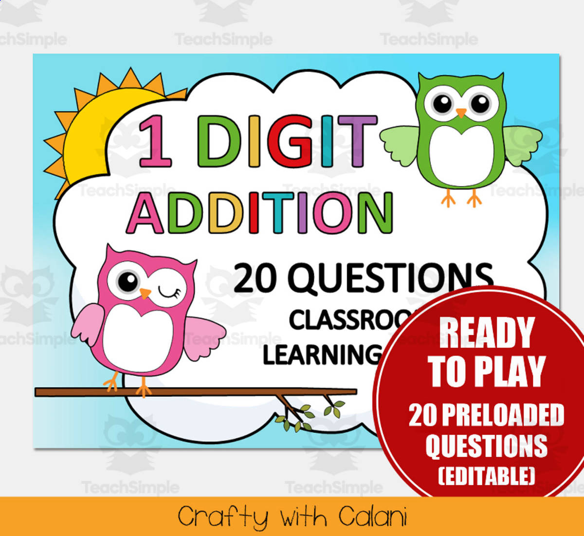 An educational teaching resource from Crafty with Calani entitled 1 Digit Addition 20 Questions Math Classroom Game  in Owl Theme downloadable at Teach Simple.