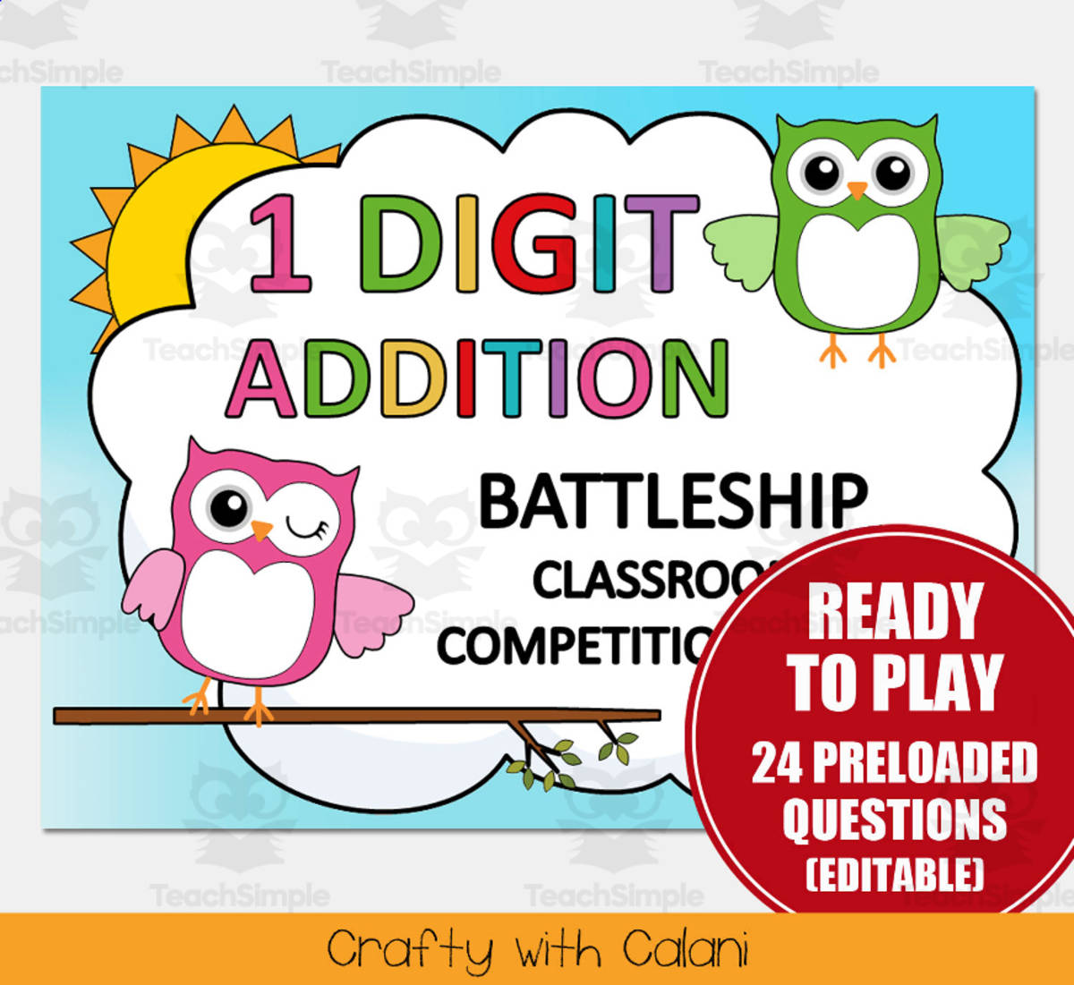 An educational teaching resource from Crafty with Calani entitled 1 Digit Addition Battleship Math Classroom Game in Owl Theme downloadable at Teach Simple.