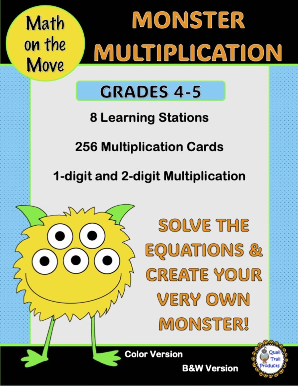 An educational teaching resource from Quail Trail Products entitled 1-digit and 2-digit MULTIPLICATION Learning Activities with Monsters downloadable at Teach Simple.