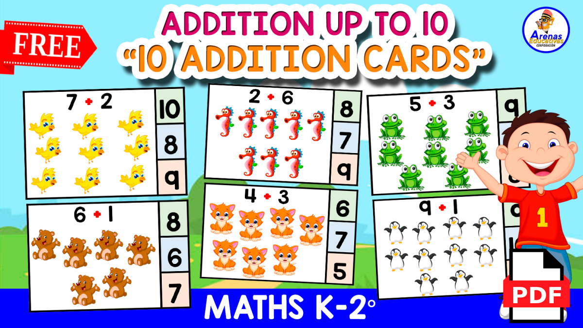 An educational teaching resource from EDITORIAL LAURA EDUCA entitled 10 ADDITION CARDS | Addition up to 10 downloadable at Teach Simple.