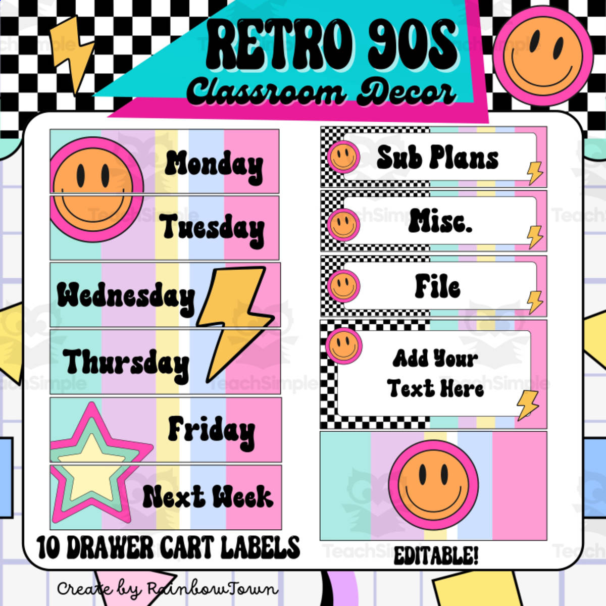 An educational teaching resource from RainbowTown entitled 10 Drawer Cart Labels Editable 90s Retro Theme downloadable at Teach Simple.