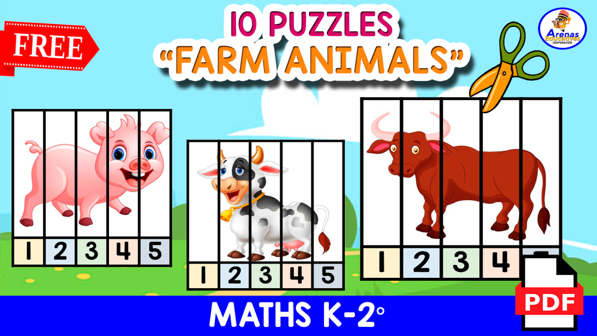 An educational teaching resource from EDITORIAL LAURA EDUCA entitled 10 FARM ANIMALS PUZZLES | Numbers 1 to 5 downloadable at Teach Simple.
