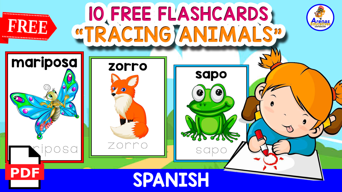 An educational teaching resource from EDITORIAL LAURA EDUCA entitled 10 FLASHCARDS FOR TRACING NAMES | ANIMALS IN SPANISH downloadable at Teach Simple.
