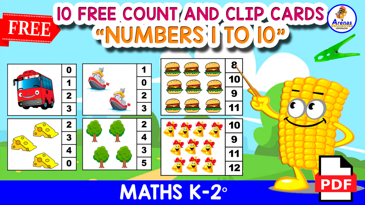 An educational teaching resource from EDITORIAL LAURA EDUCA entitled 10 FREE COUNT AND CLIP CARDS | Basic Objetcs downloadable at Teach Simple.
