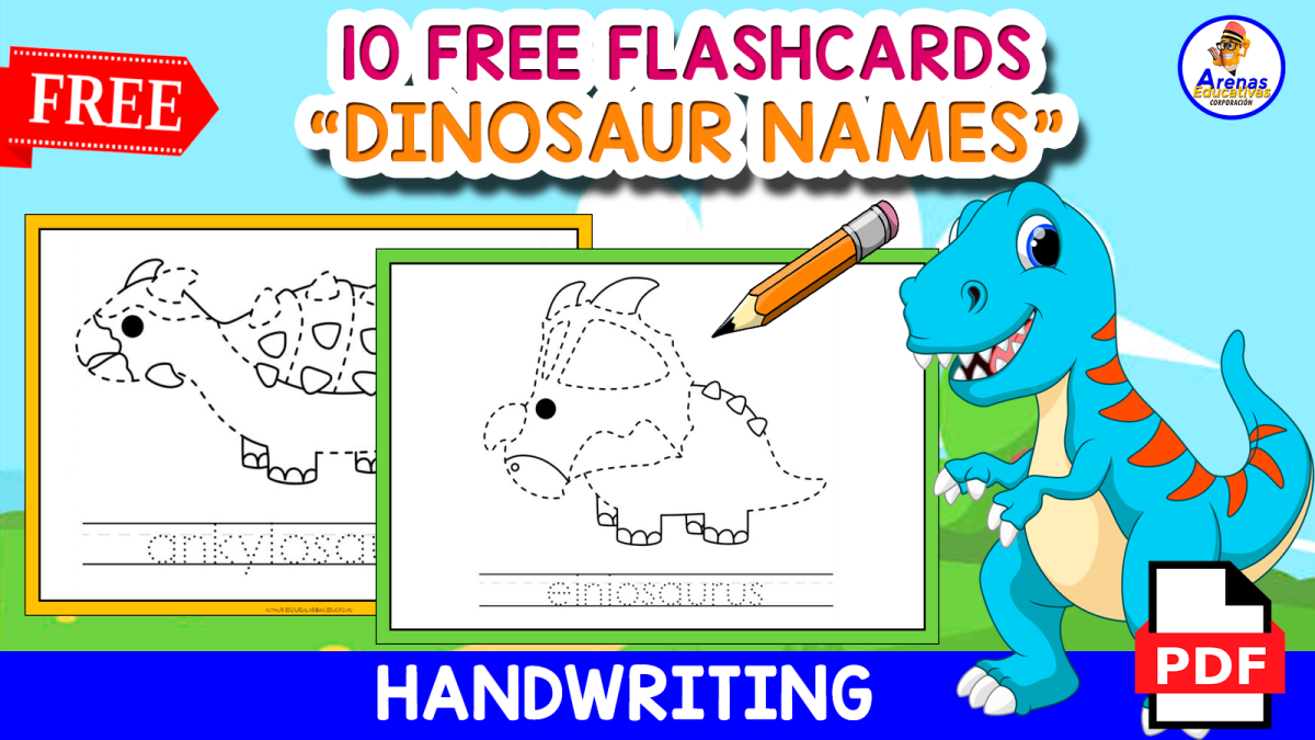 An educational teaching resource from EDITORIAL LAURA EDUCA entitled 10 FREE DINOSAUR NAMES | 10 Flashcards downloadable at Teach Simple.