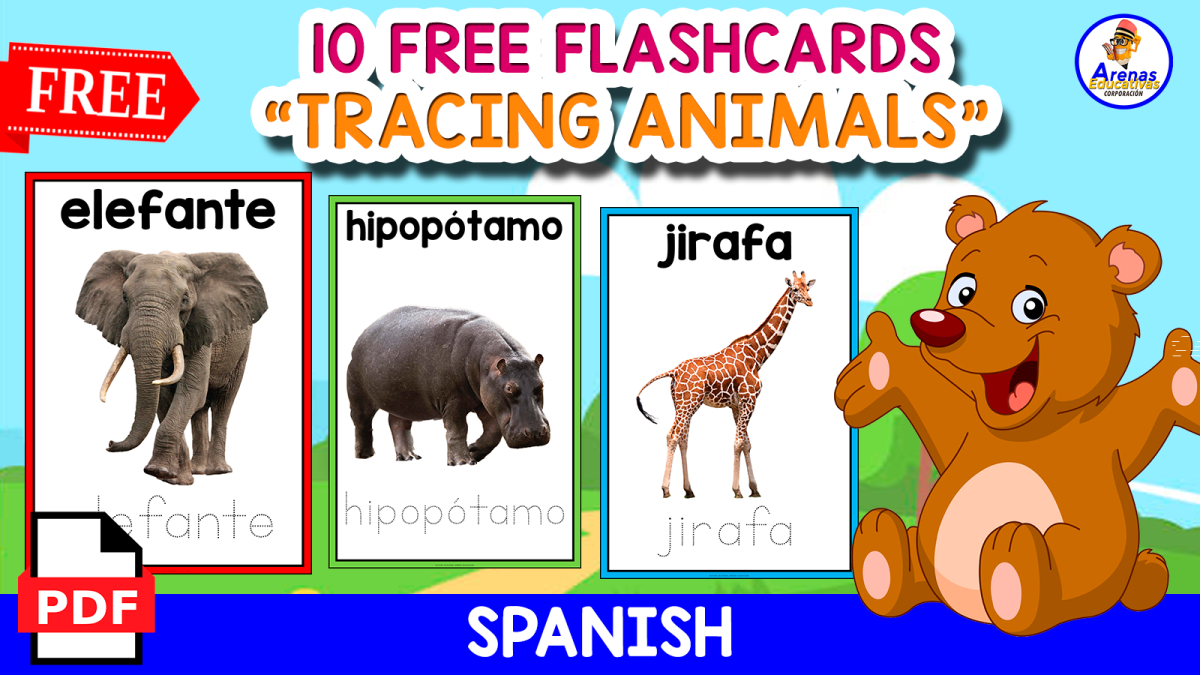 An educational teaching resource from EDITORIAL LAURA EDUCA entitled 10 FREE FLASHCARDS FOR TRACING ANIMALS IN SPANISH | FREE RESOURCE downloadable at Teach Simple.