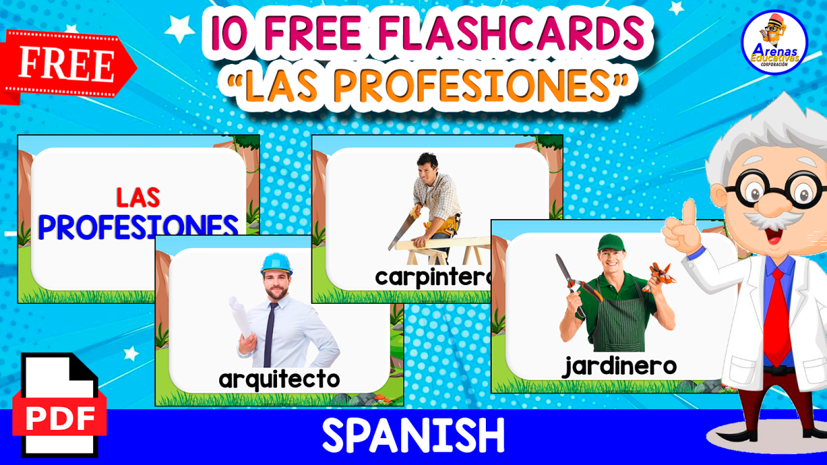 An educational teaching resource from EDITORIAL LAURA EDUCA entitled 10 FREE FLASHCARDS | LAS PROFESIONES | FREE RESOURCE downloadable at Teach Simple.