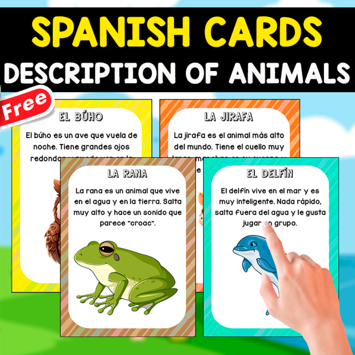 An educational teaching resource from EDITORIAL LAURA EDUCA entitled 10 FREE SPANISH FLASHCARDS | DESCRIPTIONS OF ANIMALS downloadable at Teach Simple.
