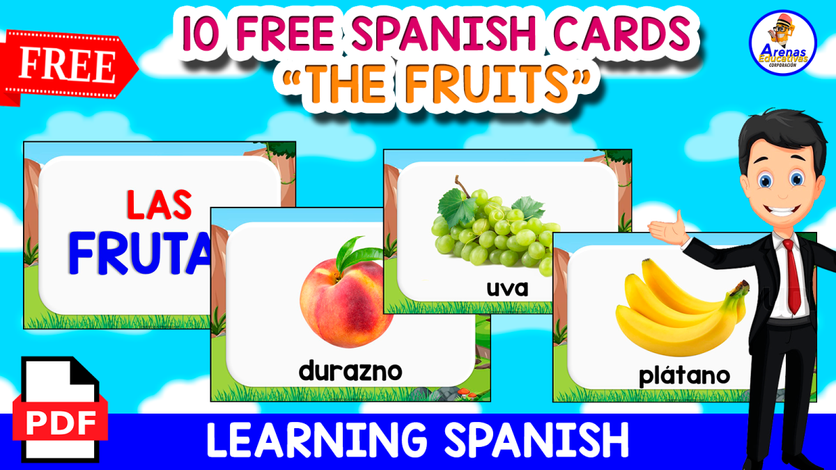 An educational teaching resource from EDITORIAL LAURA EDUCA entitled 10 FREE SPANISH FLASHCARDS | LAS FRUTAS downloadable at Teach Simple.
