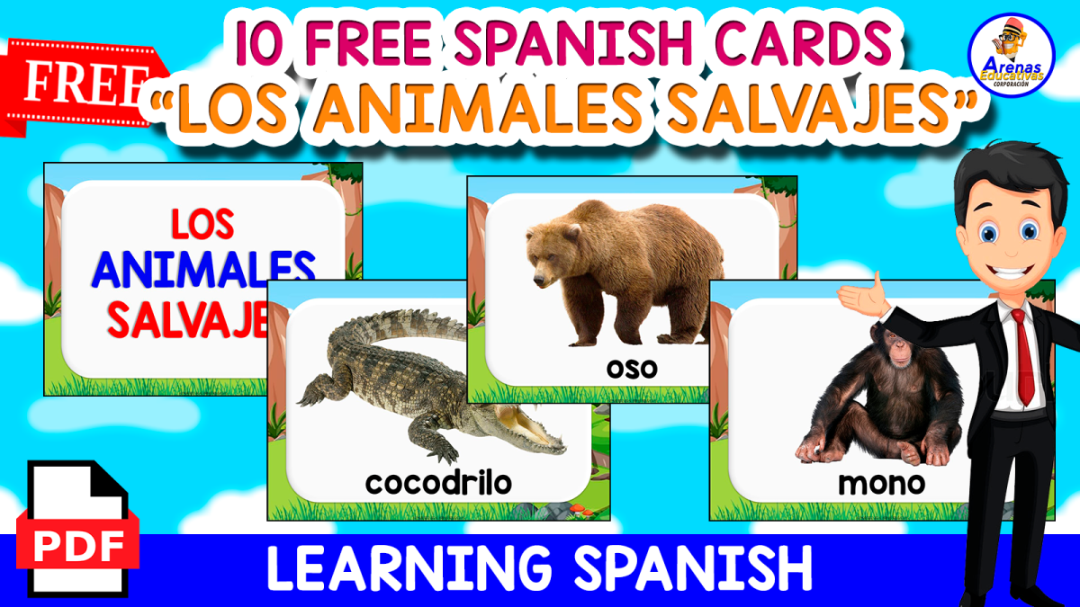 An educational teaching resource from EDITORIAL LAURA EDUCA entitled 10 FREE SPANISH FLASHCARDS | LOS ANIMALES SALVAJES | FREE RESOURCE downloadable at Teach Simple.