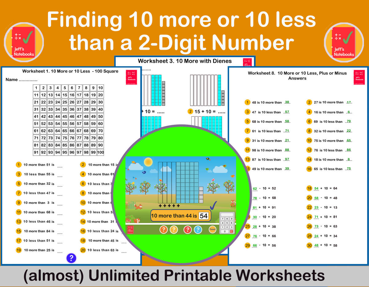 An educational teaching resource from Jeff's Notebooks entitled 10 more or 10 less than a 2-digit number - 1st Grade downloadable at Teach Simple.