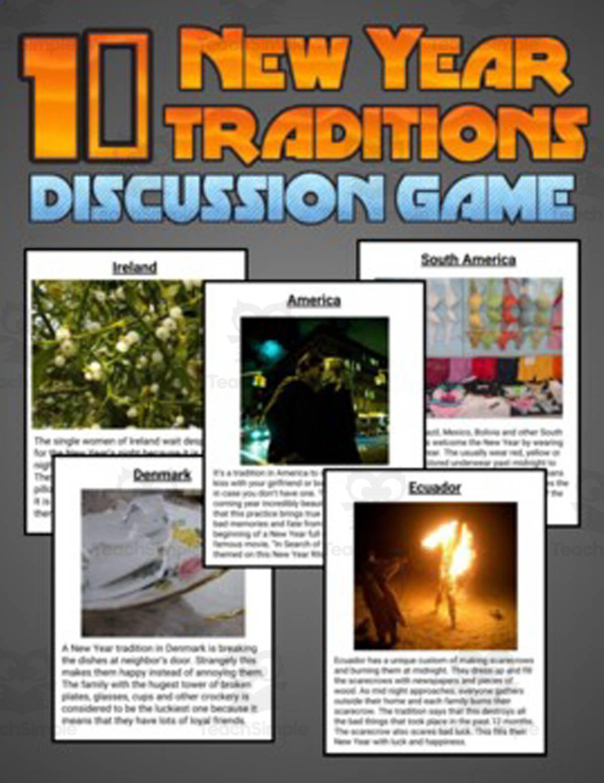 An educational teaching resource from Roombop entitled 10 New Year Traditions: Discussion Game (Editable in Google Slides) downloadable at Teach Simple.
