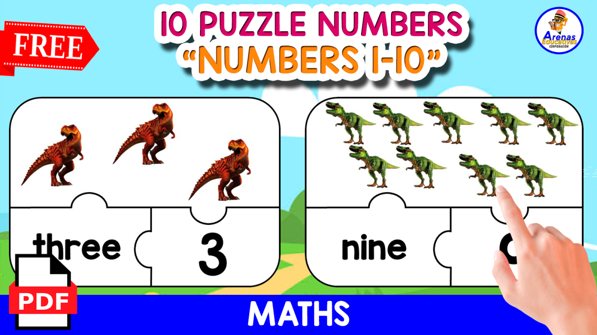 An educational teaching resource from EDITORIAL LAURA EDUCA entitled 10 NUMBERS PUZZLES 1-10 | DINO THEMED downloadable at Teach Simple.
