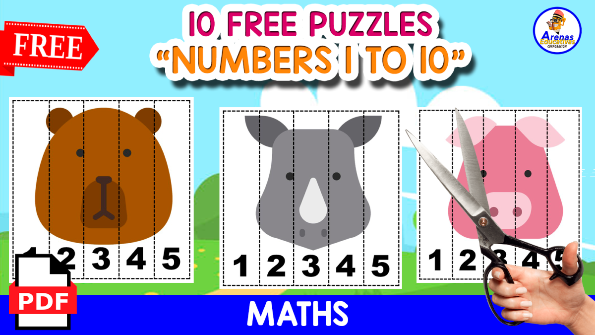 An educational teaching resource from EDITORIAL LAURA EDUCA entitled 10 PUZZLES MATHS WITH ANIMALS | NUMBERS 1 TO 5 downloadable at Teach Simple.