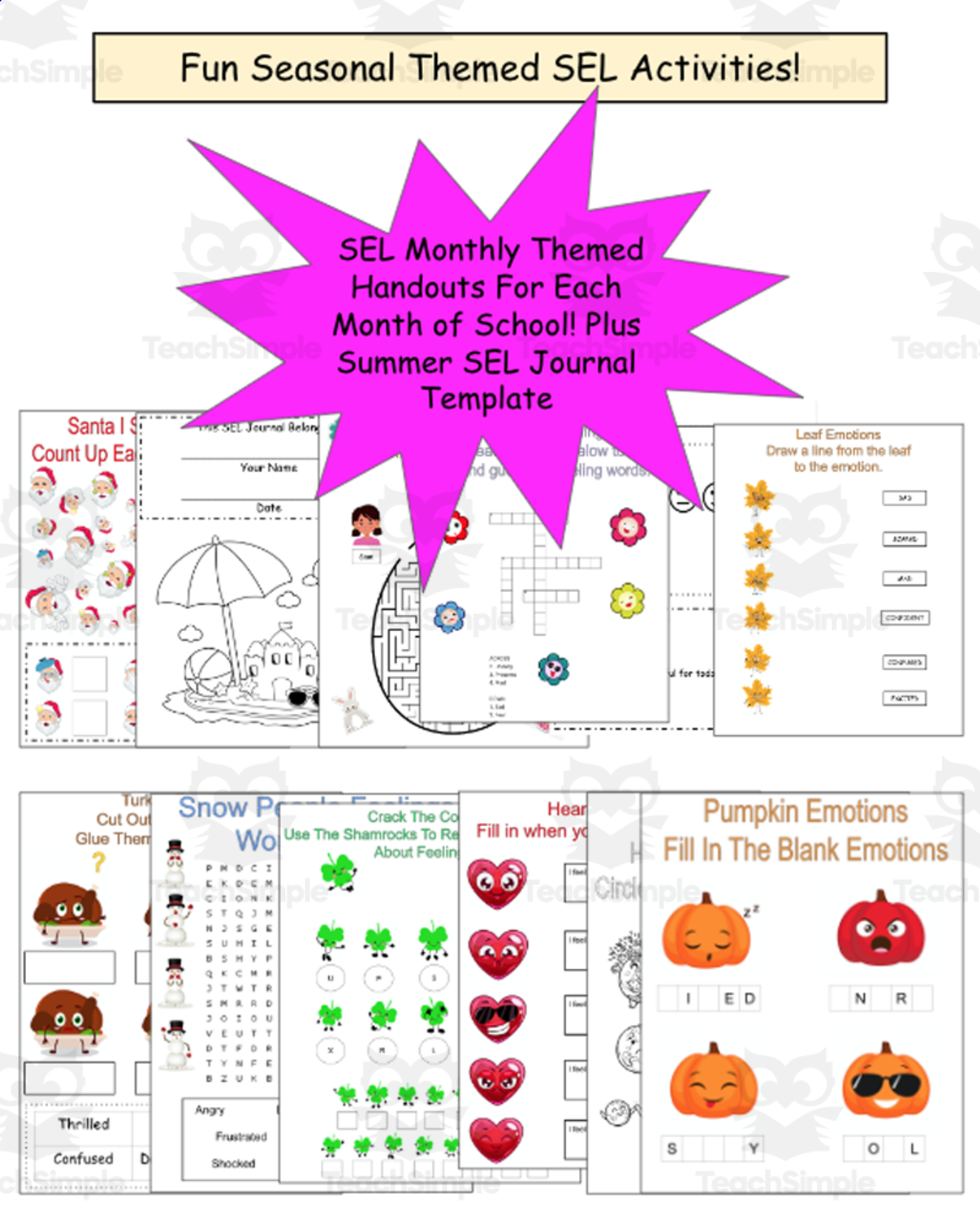 An educational teaching resource from Jennifer Moyer Taylor entitled 10 SEL Monthly Themed Activities SEL Coloring Pages, SEL worksheets downloadable at Teach Simple.