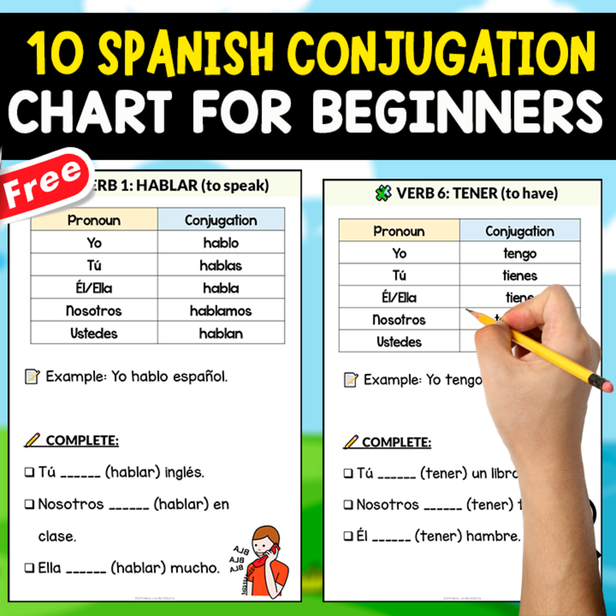 An educational teaching resource from EDITORIAL LAURA EDUCA entitled 10 SPANISH CONJUGATION CHARTS FOR BEGINNERS | SPANISH RESOURCE downloadable at Teach Simple.