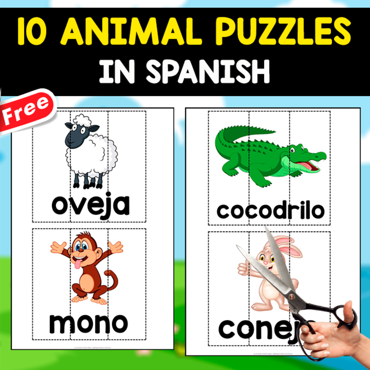 An educational teaching resource from EDITORIAL LAURA EDUCA entitled 10 SPANISH PUZZLES OF ANIMALS | CUT AND PASTE downloadable at Teach Simple.