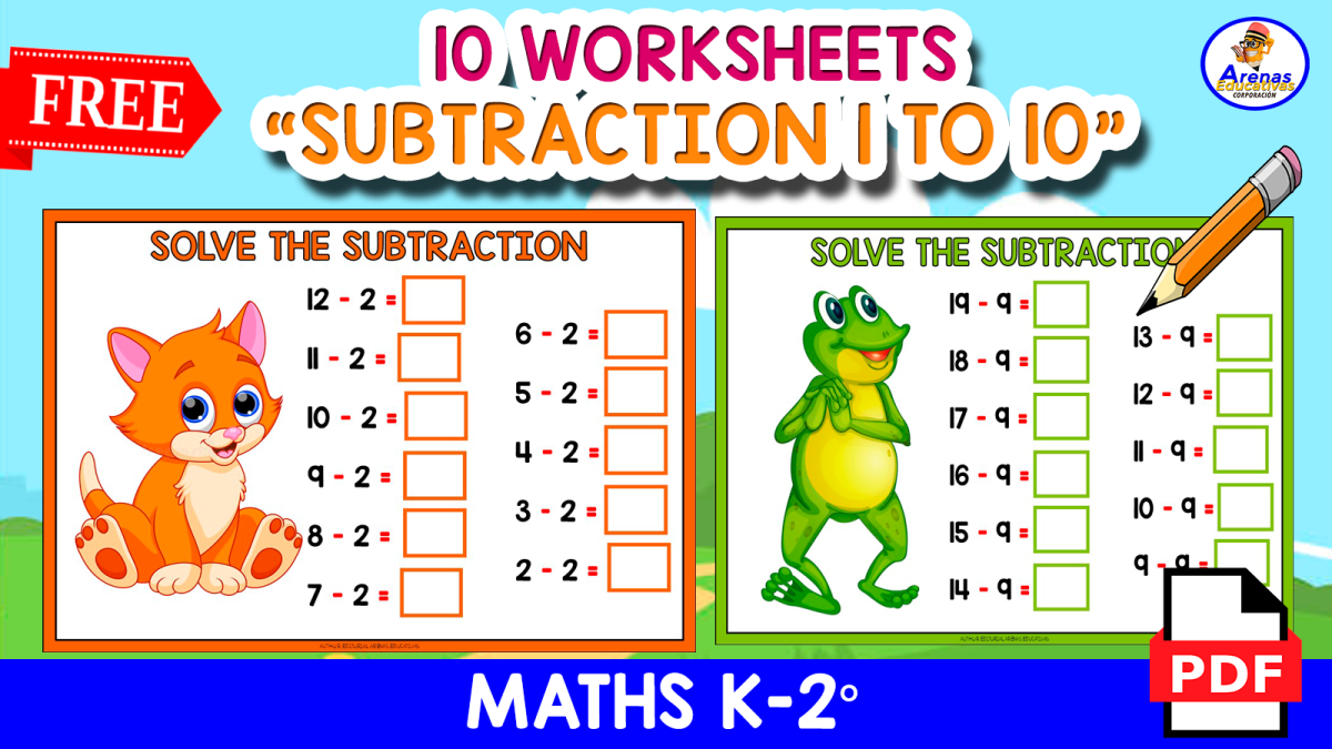 An educational teaching resource from EDITORIAL LAURA EDUCA entitled 10 SUBTRACTION WORKSHEETS | Tables 1 to 10 downloadable at Teach Simple.
