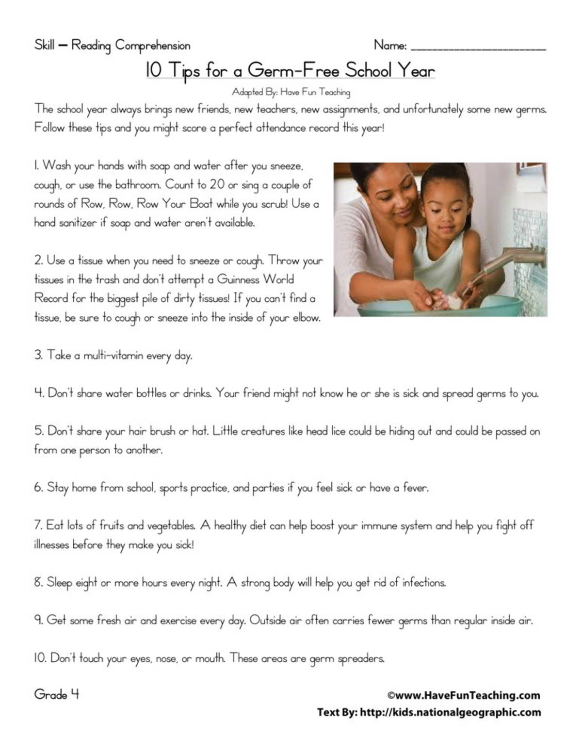 An educational teaching resource from Have Fun Teaching entitled 10 Tips for a Germ Free School Year Reading Comprehension Worksheet downloadable at Teach Simple.