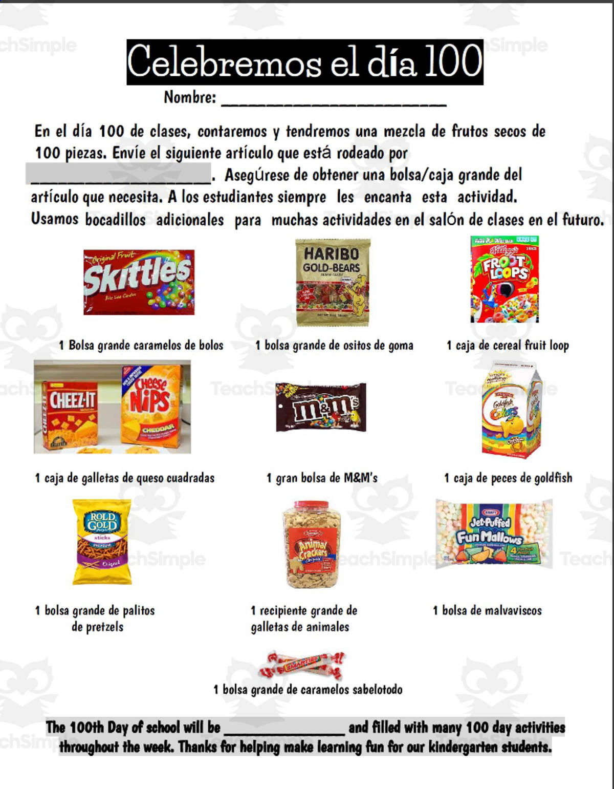 An educational teaching resource from Rodriguez's Resources entitled 100 Day Snack Note Request (English and Spanish) downloadable at Teach Simple.